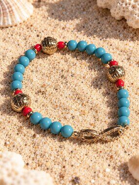 Gold Tone Infinity Charm Red Blue Beaded Stretch Bracelet Jewelry Elegant Gift
